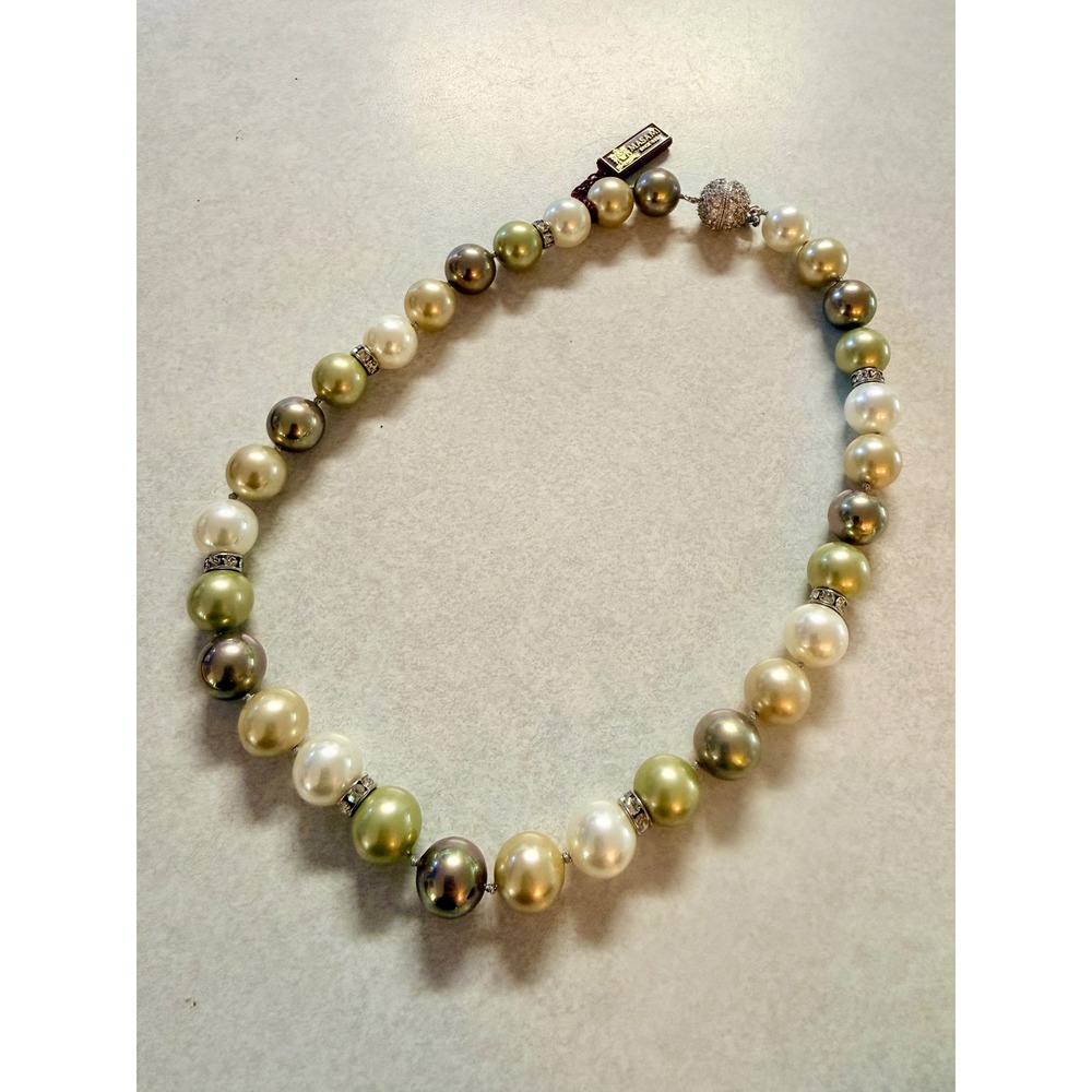 Masami Multi Color Faux Pearl Necklace Champagne Green White Crystal Magnetic